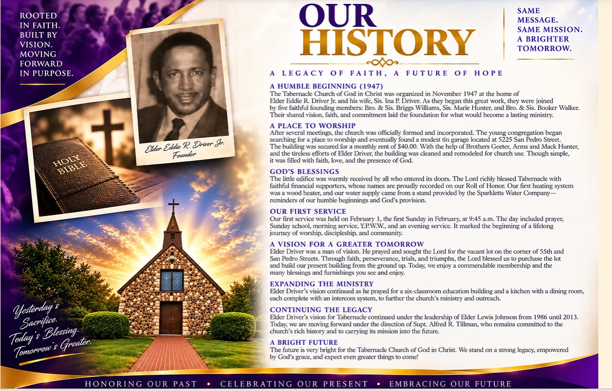 Our History: Tabernacle Church of God in Christ, with a portrait of founder Elder Eddie R. Driver Jr. and the church history