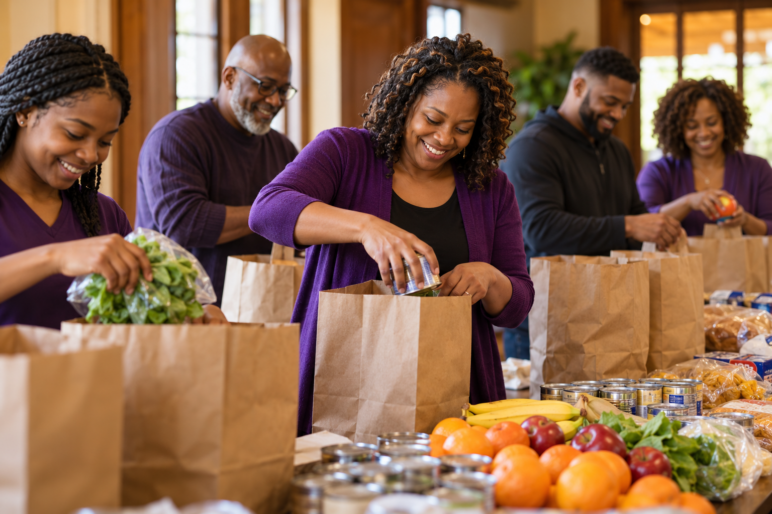African American volunteers preparing groceries for community outreach